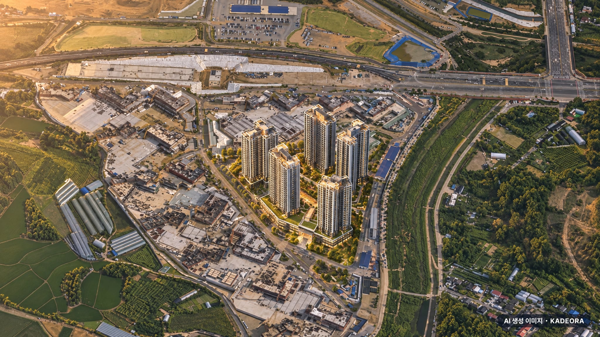 힐스테이트 도안리버파크 1단지 단지 전경 AI 상상도(노을 항공) — 대전 유성구 착공 891세대