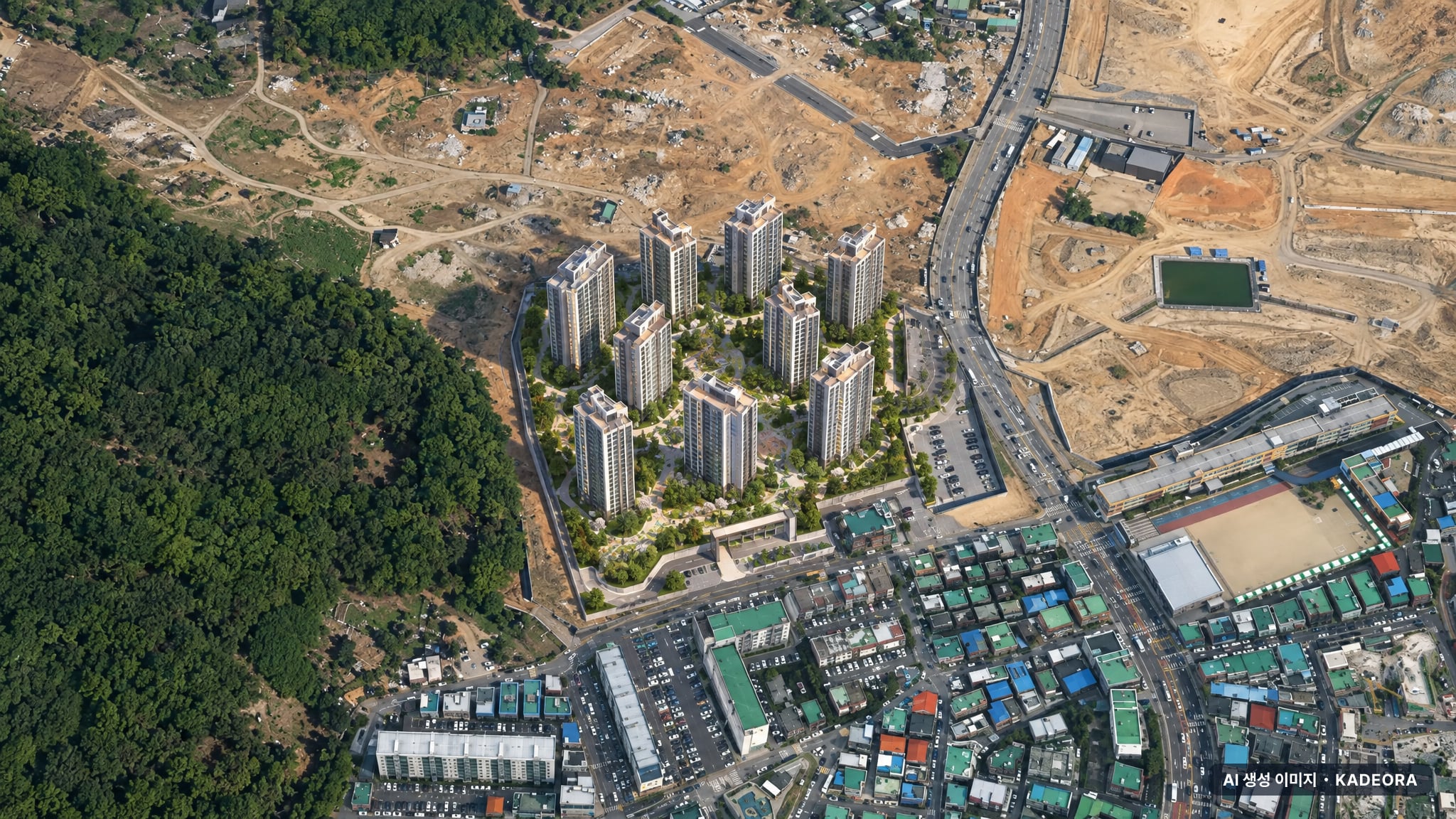 광명 유승한내들 라포레 단지 전경 AI 상상도(주간 항공) — 경기 광명시 착공 444세대