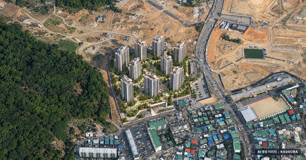 광명 유승한내들 라포레 10개동·최고 18층·총 444세대 기준 AI 상상도(주간 항공) — 실제와 다를 수 있음