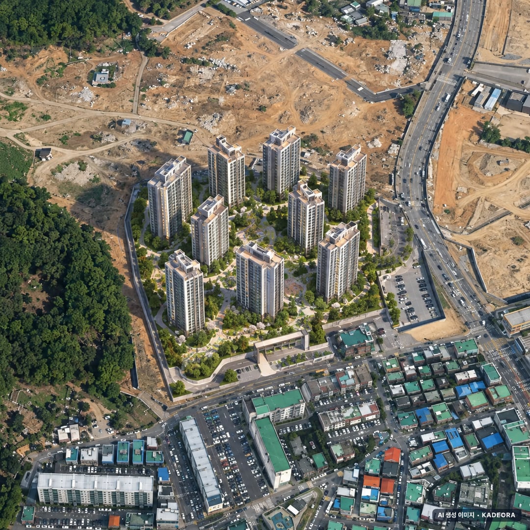 광명 유승한내들 라포레 단지 전경 AI 상상도(주간 항공) — 경기 광명시 착공 444세대