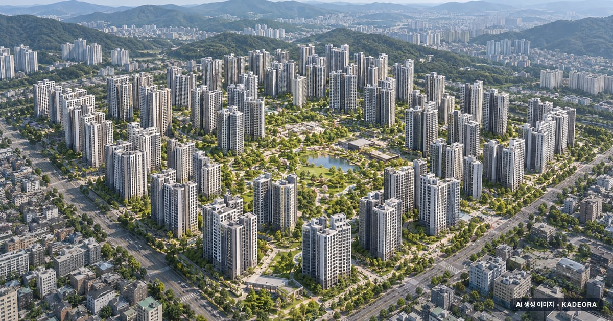 구리시 수택동 재개발 총 6,221세대 기준 AI 상상도(주간 항공) — 실제와 다를 수 있음
