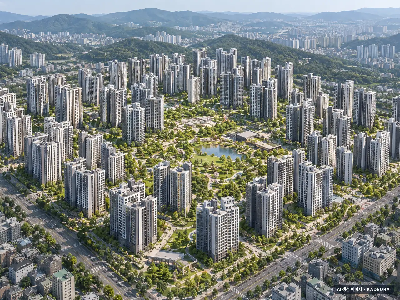 구리시 수택동 재개발 총 6,221세대 기준 AI 상상도(주간 항공) — 실제와 다를 수 있음