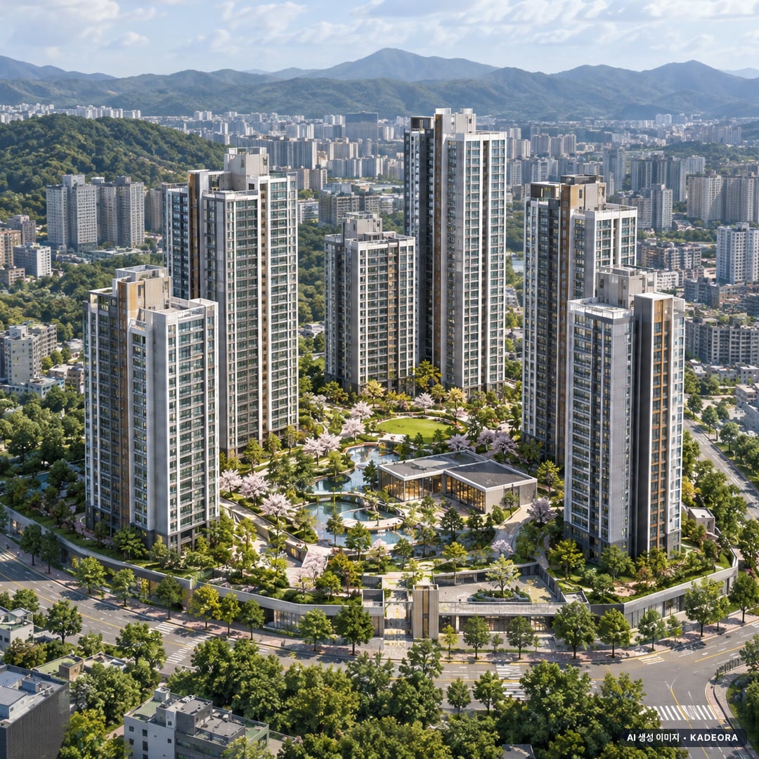내2구역 주간 항공 상상도 · AI 생성 이미지로 실제와 다를 수 있음 내2구역 단지 전경 AI 상상도(주간 항공) — 창원시