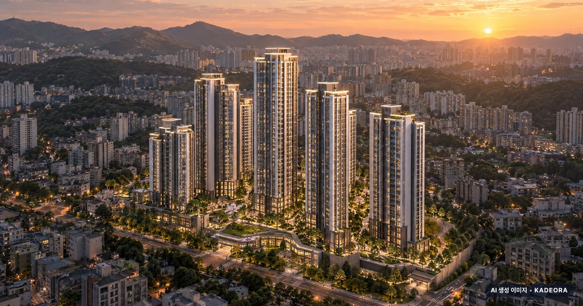 내2구역 노을 항공 상상도 · AI 생성 이미지로 실제와 다를 수 있음 내2구역 단지 전경 AI 상상도(노을 항공) — 창원시