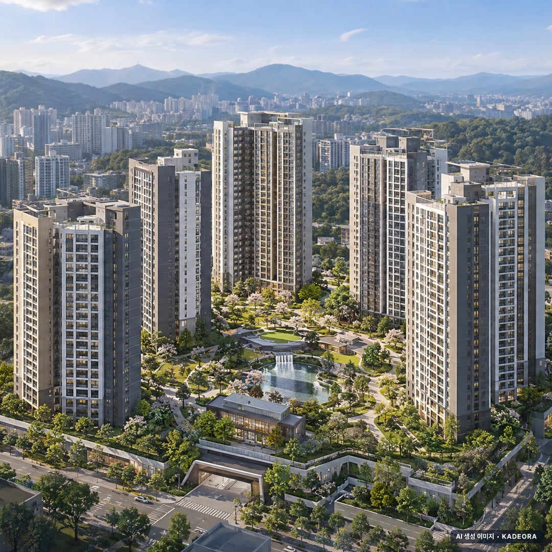엘리프 창원 단지 전경 AI 상상도(주간 항공) — 경남 창원시 착공 349세대