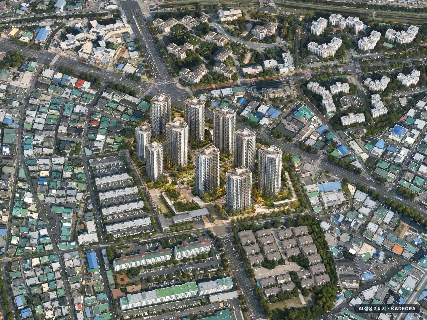 울산 남구 B-07 재개발 총 522세대 기준 AI 상상도 — 실제와 다를 수 있음 울산 남구 B-07 재개발 총 522세대 기준 AI 상상도(주간 항공) — 실제와 다를 수 있음