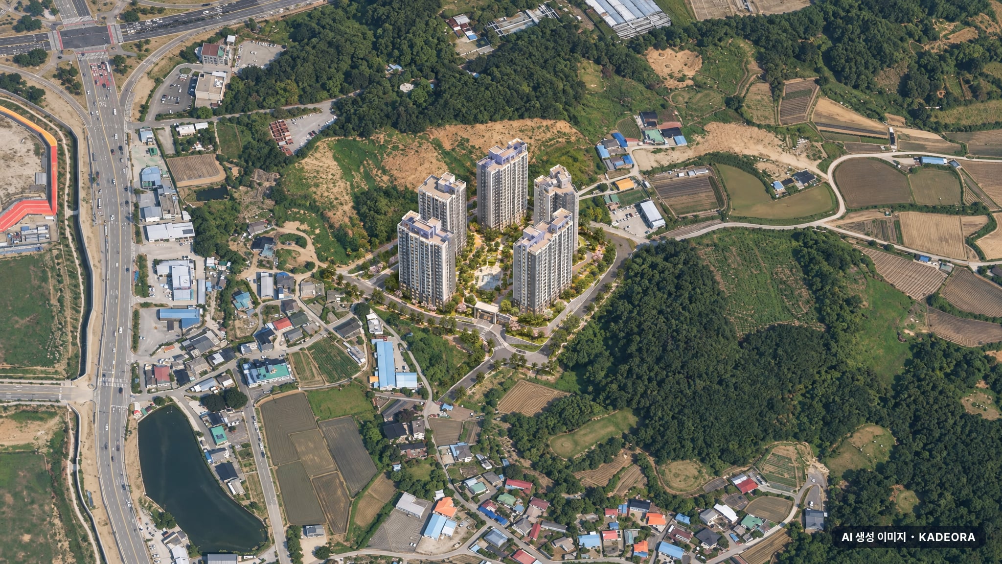 청주 한양립스 더 벨루체 주간 항공 상상도 · AI 생성 이미지로 실제와 다를 수 있음 청주 한양립스 더 벨루체 단지 전경 AI 상상도(주간 항공) — 충북 청주시 착공 417세대