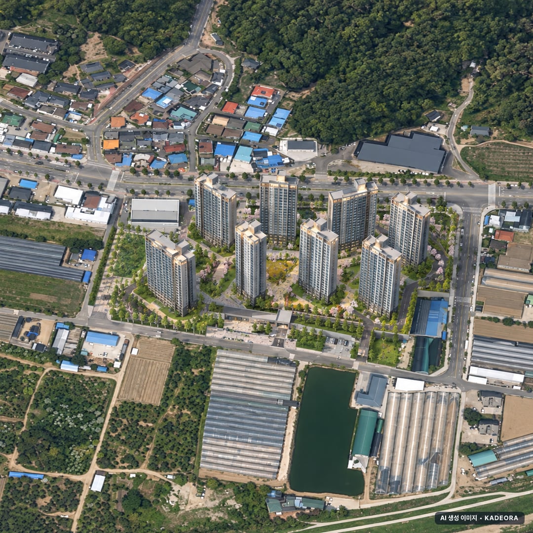 안동 용상 하늘채 리버스카이 주간 항공 상상도 · AI 생성 이미지로 실제와 다를 수 있음 안동 용상 하늘채 리버스카이 단지 전경 AI 상상도(주간 항공) — 경북 안동시 착공 548세대