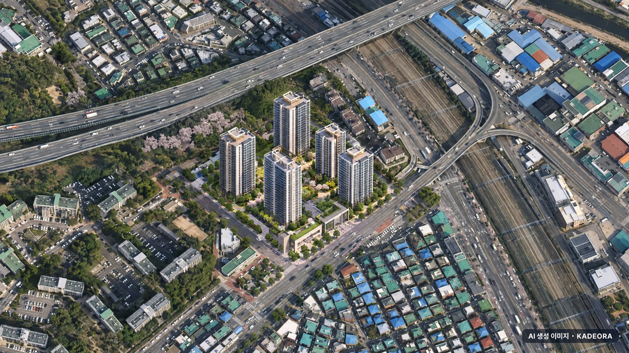 군포시 GTX금정역 역세권1구역 조감도 AI 상상도(주간 항공) — 경기 군포시 조합설립 898세대