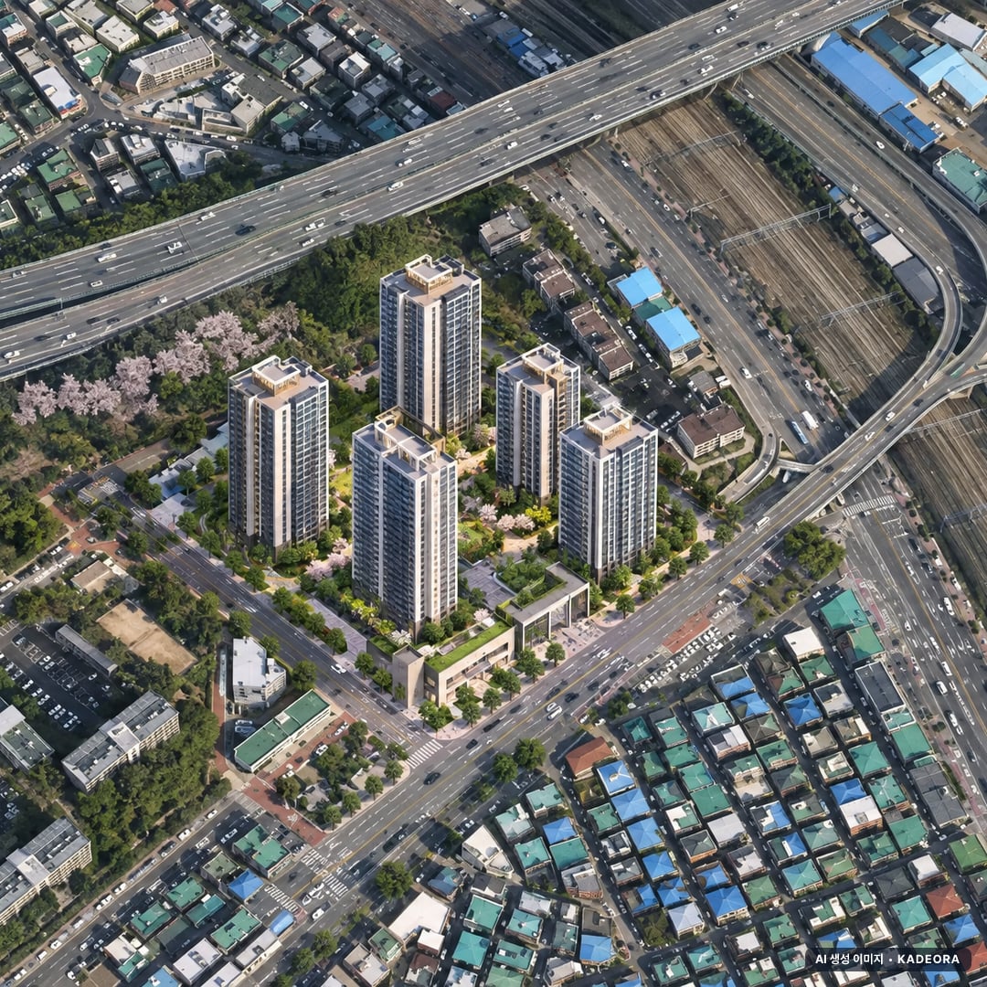 군포시 GTX금정역 역세권1구역 조감도 AI 상상도(주간 항공) — 경기 군포시 조합설립 898세대