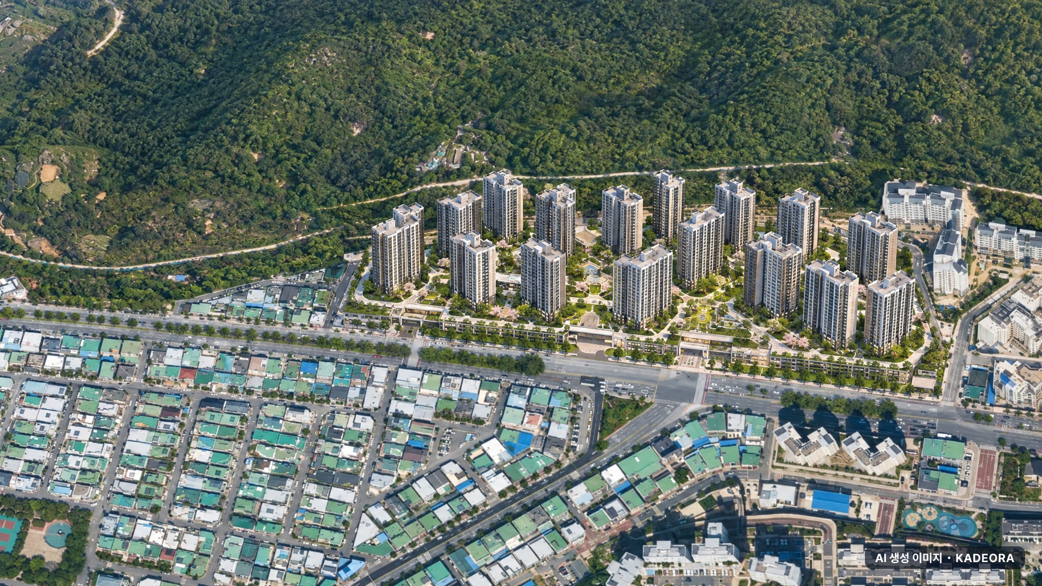 e편한세상 여수 글렌츠 단지 전경 AI 상상도(주간 항공) — 전남 여수시 착공 81세대