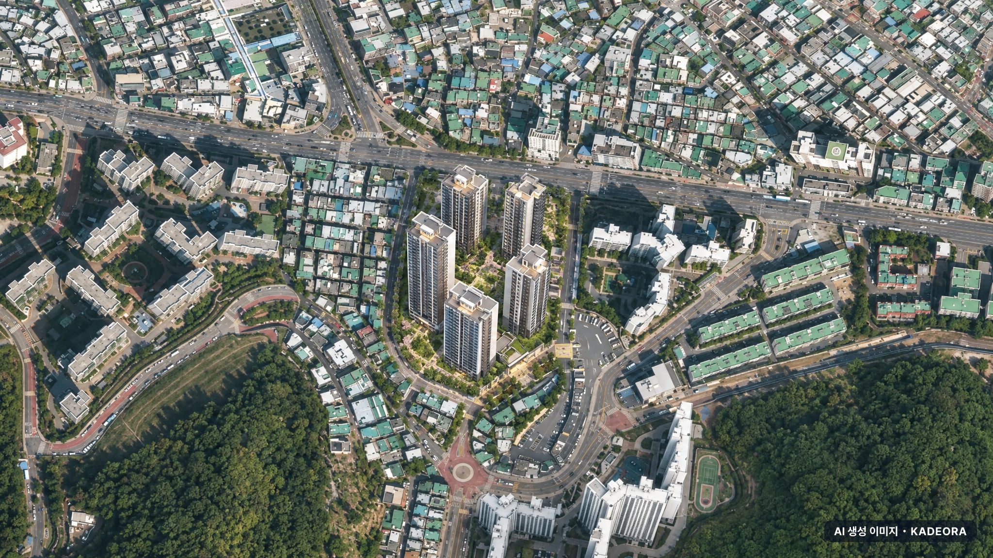 부산 연제구 연산13 재개발 주간 항공 상상도 · AI 생성 이미지로 실제와 다를 수 있음 부산 연제구 연산13 재개발 조감도 AI 상상도(주간 항공) — 부산 연제구 부지계획 710세대