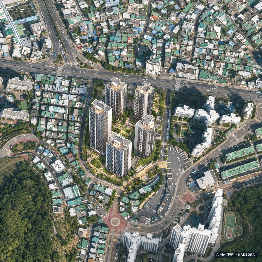 부산 연제구 연산13 재개발 조감도 AI 상상도(주간 항공) — 부산 연제구 부지계획 710세대