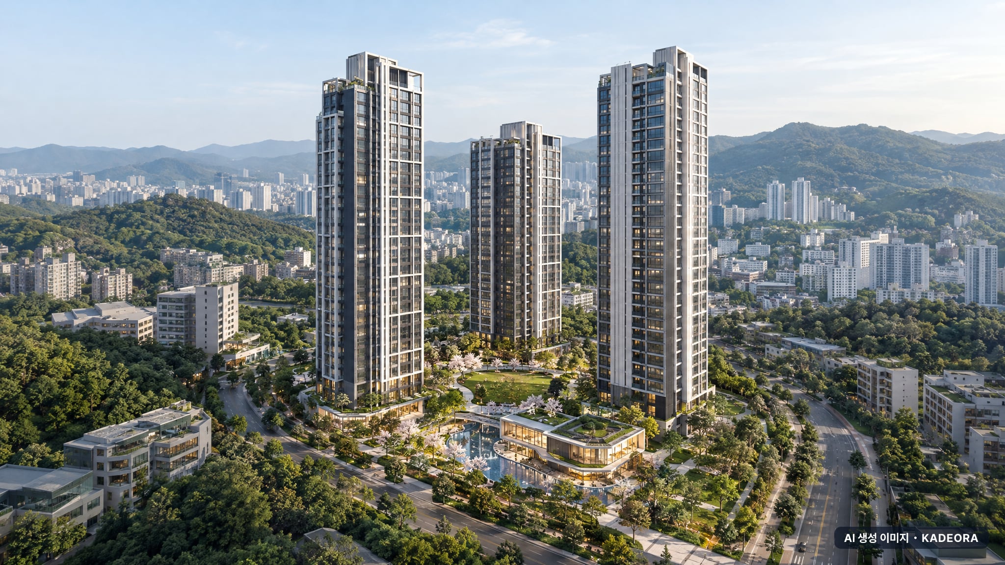 힐스테이트 양산더스카이 1단지 단지 전경 AI 상상도(주간 항공) — 경남 양산시 착공 299세대