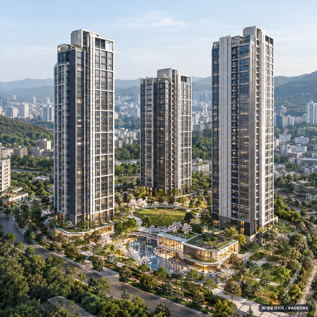 힐스테이트 양산더스카이 1단지 단지 전경 AI 상상도(주간 항공) — 경남 양산시 착공 299세대
