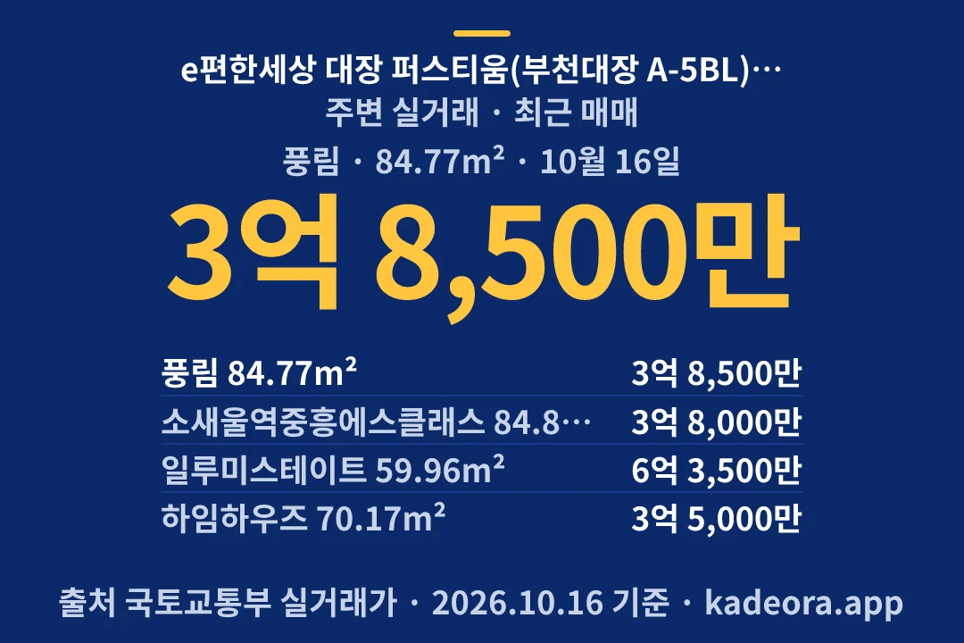 e편한세상 대장 퍼스티움(부천대장 A-5BL) 신혼희망타운(공공분양) 주변 실거래 — 부천시 아파트 분양