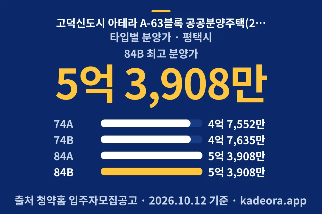 고덕신도시 아테라 A-63블록 공공분양주택(2차) 타입별 분양가 — 평택시 아파트 분양