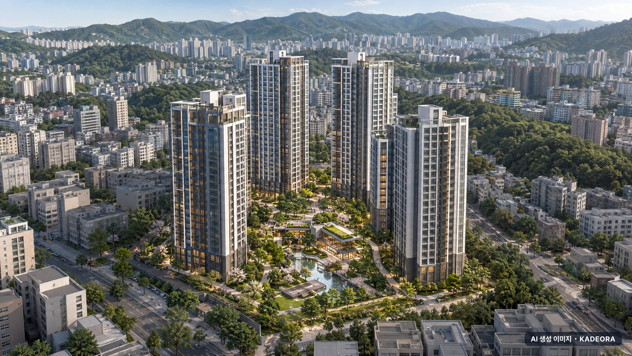 부산 수영구 광안4 재개발 주간 항공 상상도 · AI 생성 이미지로 실제와 다를 수 있음 부산 수영구 광안4 재개발 조감도 AI 상상도(주간 항공) — 부산 수영구 조합설립 966세대
