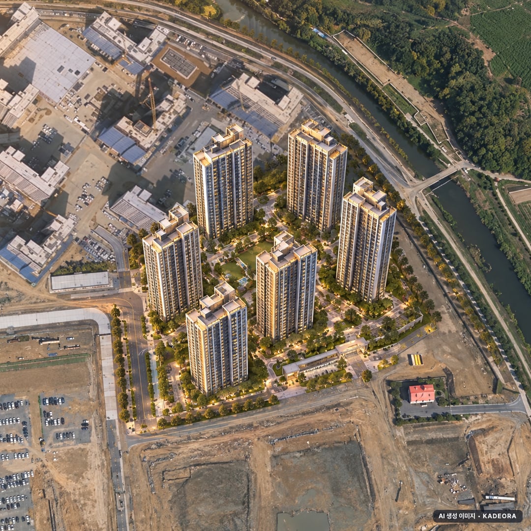 더샵 신문그리니티 2차 6개동·최고 29층·총 695세대 기준 AI 상상도(노을 항공) — 실제와 다를 수 있음