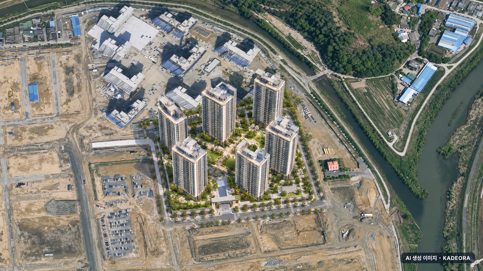 더샵 신문그리니티 2차 단지 전경 AI 상상도(주간 항공) — 경남 김해시 착공 695세대