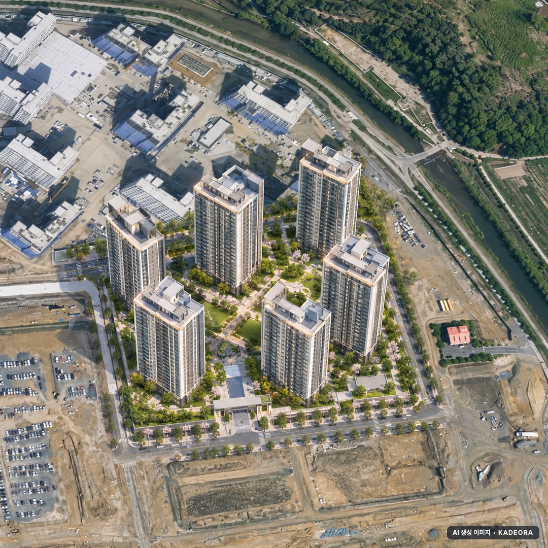 더샵 신문그리니티 2차 단지 전경 AI 상상도(주간 항공) — 경남 김해시 착공 695세대