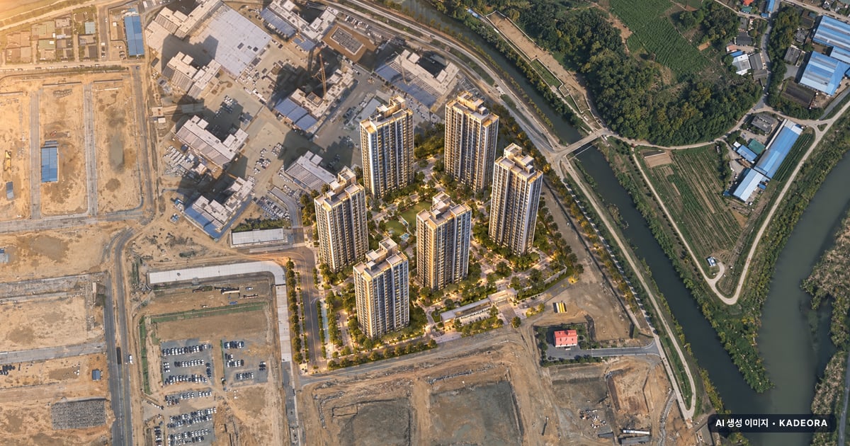 더샵 신문그리니티 2차 6개동·최고 29층·총 695세대 기준 AI 상상도(노을 항공) — 실제와 다를 수 있음
