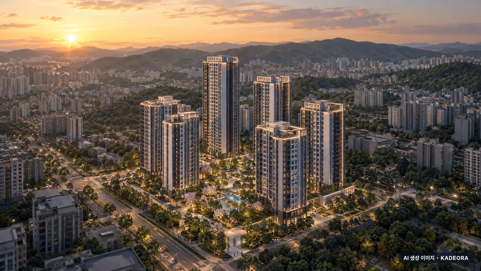 파주 운정신도시 A2블록 호반써밋 이스트파크(5차) 단지 전경 AI 상상도(저녁) — 파주시 아파트 분양