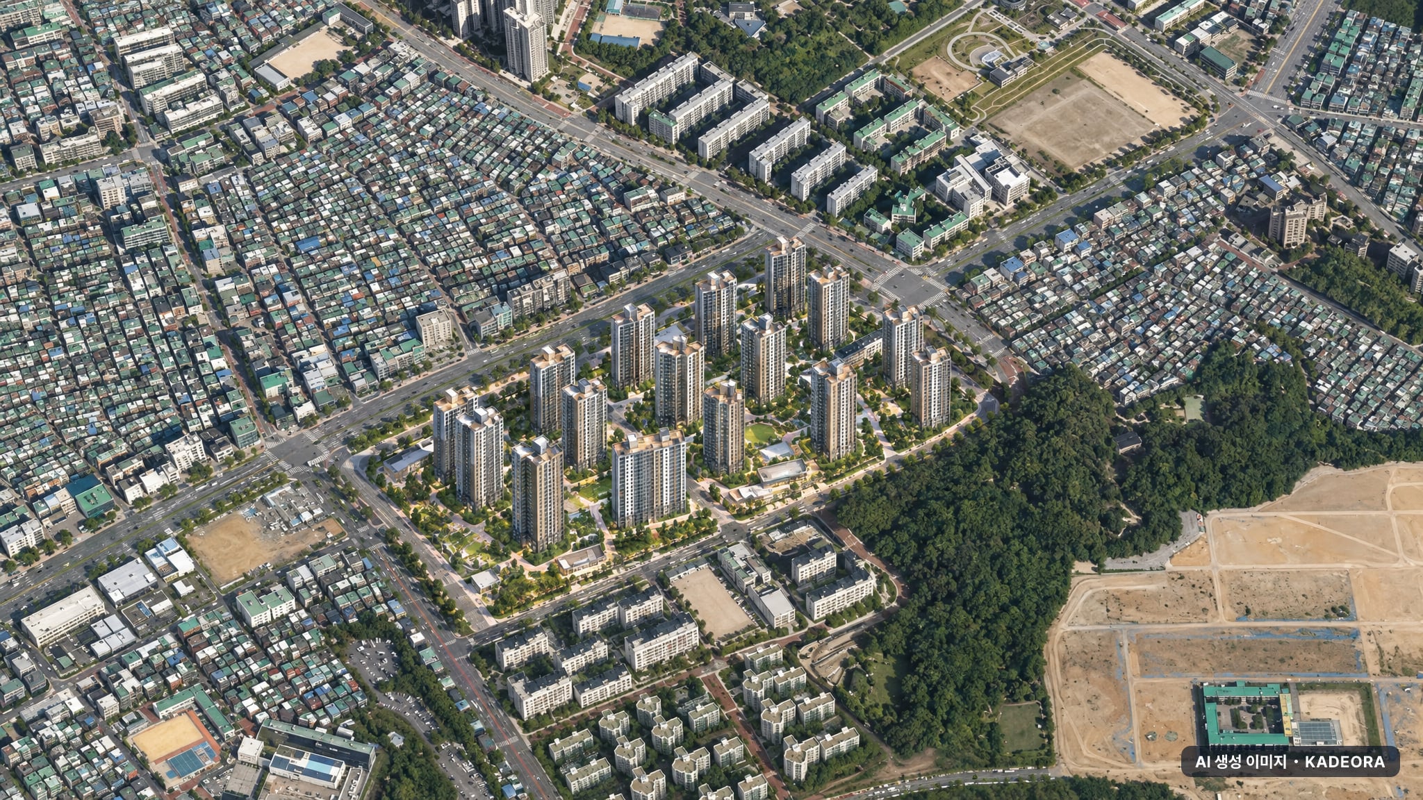 해링턴 스퀘어 신흥역 단지 전경 AI 상상도(주간 항공) — 경기 성남시 착공 1,972세대