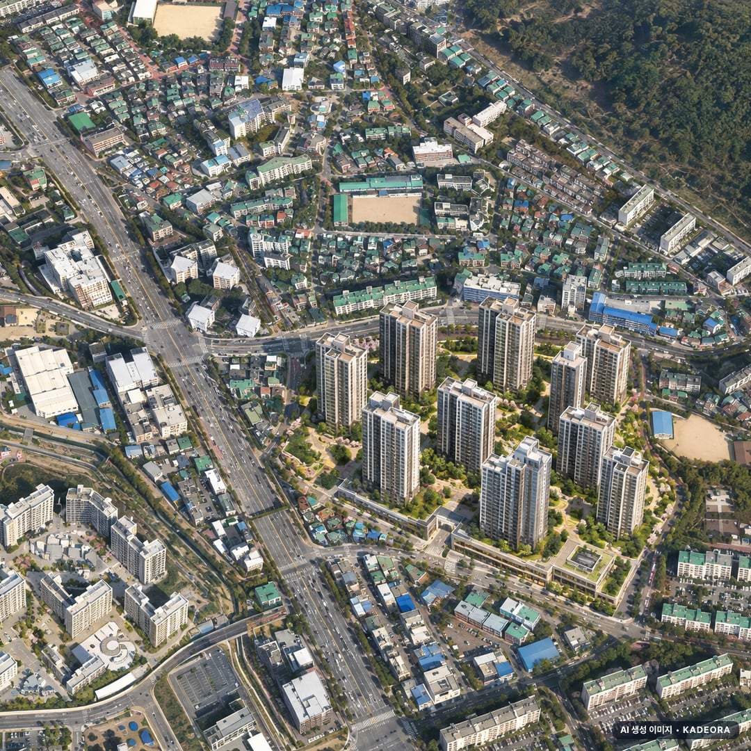 의왕시 고천나구역 조감도 AI 상상도(주간 항공) — 경기 의왕시 관리처분인가 1,816세대