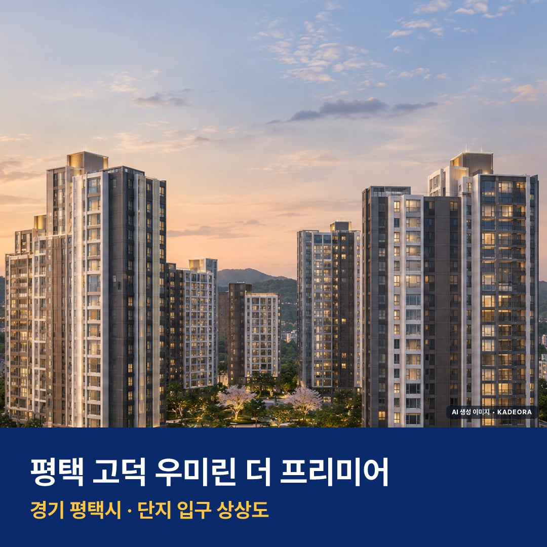 평택 고덕 우미린 더 프리미어 단지 전경 AI 상상도 — 평택시 623세대 — AI 생성 상상도 · 실제와 다를 수 있음