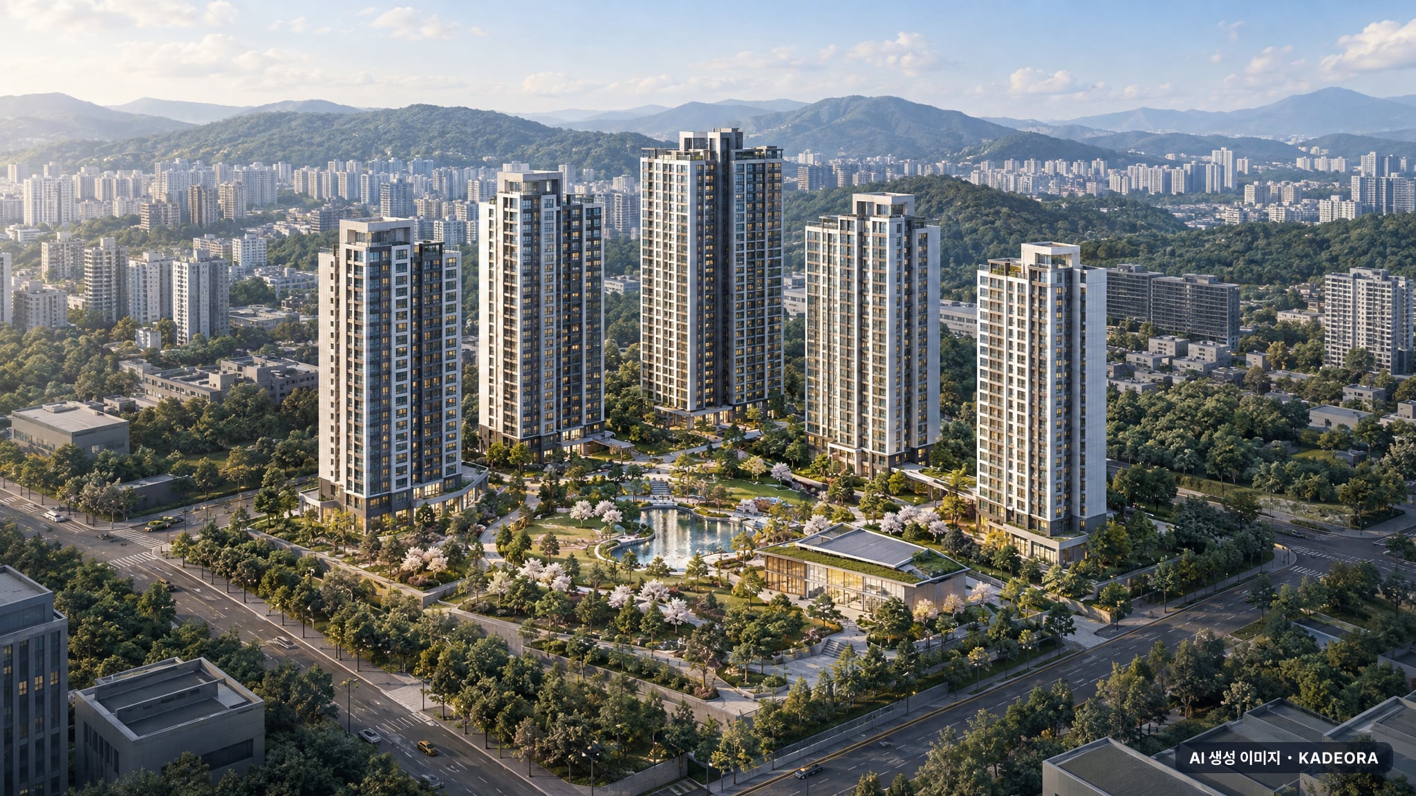 판문도시개발사업지구 2BL 공동주택 단지 전경 AI 상상도(주간 항공) — 진주시 588세대