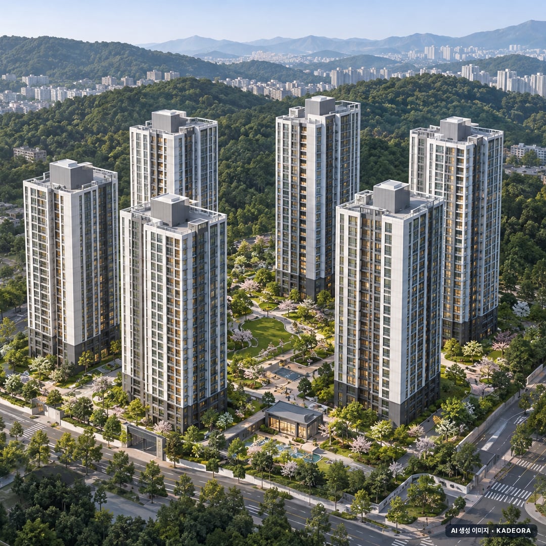 판문도시개발사업지구 2BL 공동주택 6개동·총 588세대 기준 AI 상상도(주간 항공) — 실제와 다를 수 있음