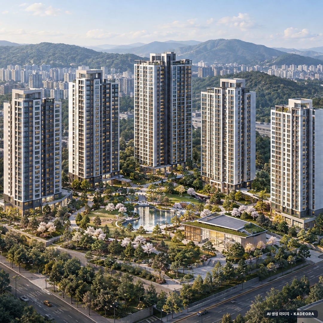 판문도시개발사업지구 2BL 공동주택 단지 전경 AI 상상도(주간 항공) — 진주시 588세대