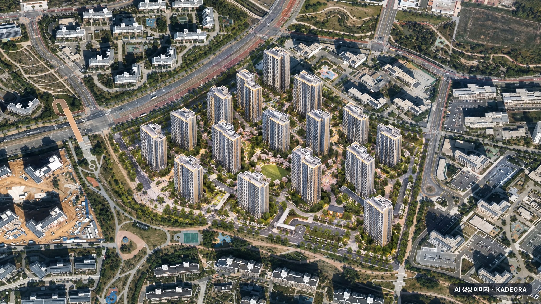 동탄 포레파크 자연앤 푸르지오(A76-2BL)(국민) 단지 전경 AI 상상도(주간 항공) — 경기 화성시 착공 1,121세대