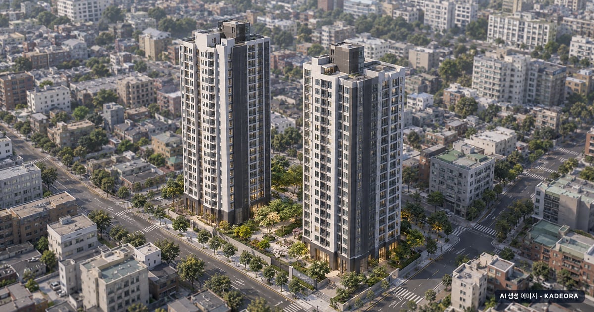 마포 푸르지오 어반피스 재개발 마포 푸르지오 어반피스 단지 전경 AI 상상도 — 마포구 아현동 122세대