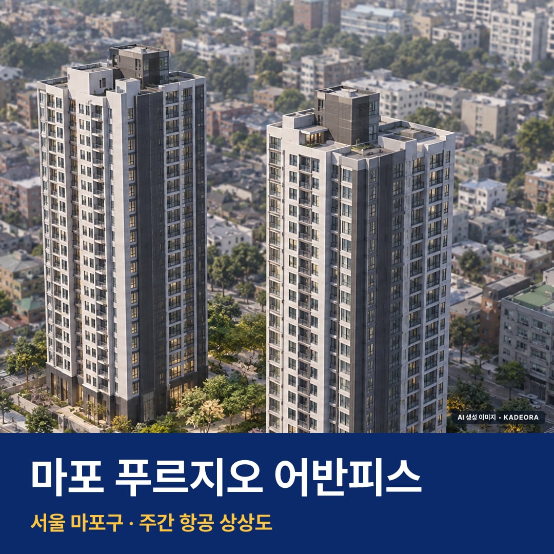 마포 푸르지오 어반피스 재개발 마포 푸르지오 어반피스 단지 전경 AI 상상도 — 마포구 아현동 122세대