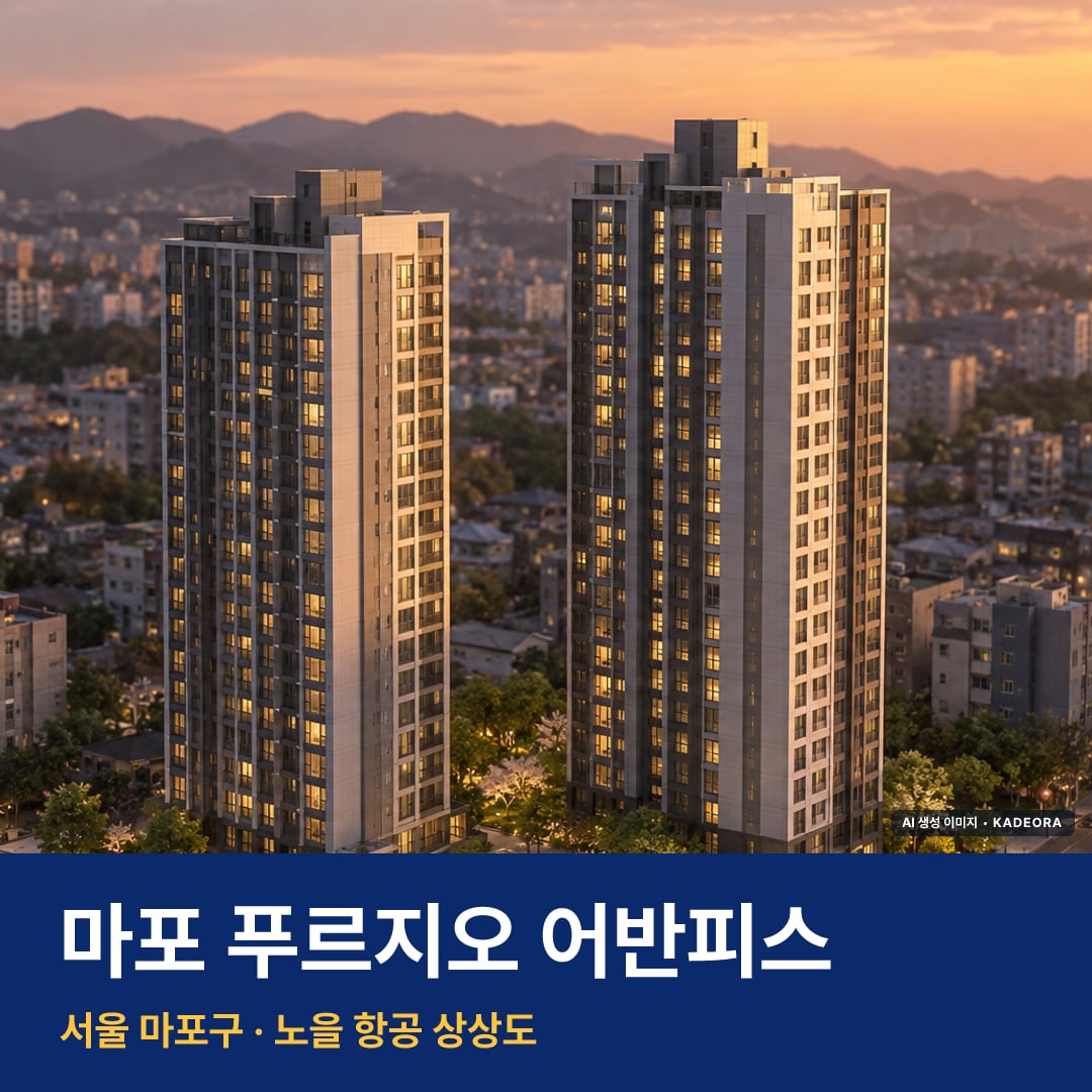 마포 푸르지오 어반피스 재개발 마포 푸르지오 어반피스 단지 전경 AI 상상도 — 마포구 아현동 122세대 — AI 생성 상상도 · 실제와 다를 수 있음