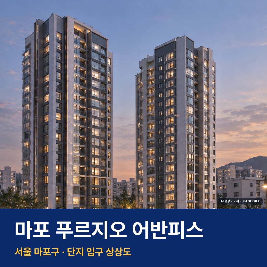 마포 푸르지오 어반피스 재개발 마포 푸르지오 어반피스 단지 전경 AI 상상도 — 마포구 아현동 122세대 — AI 생성 상상도 · 실제와 다를 수 있음