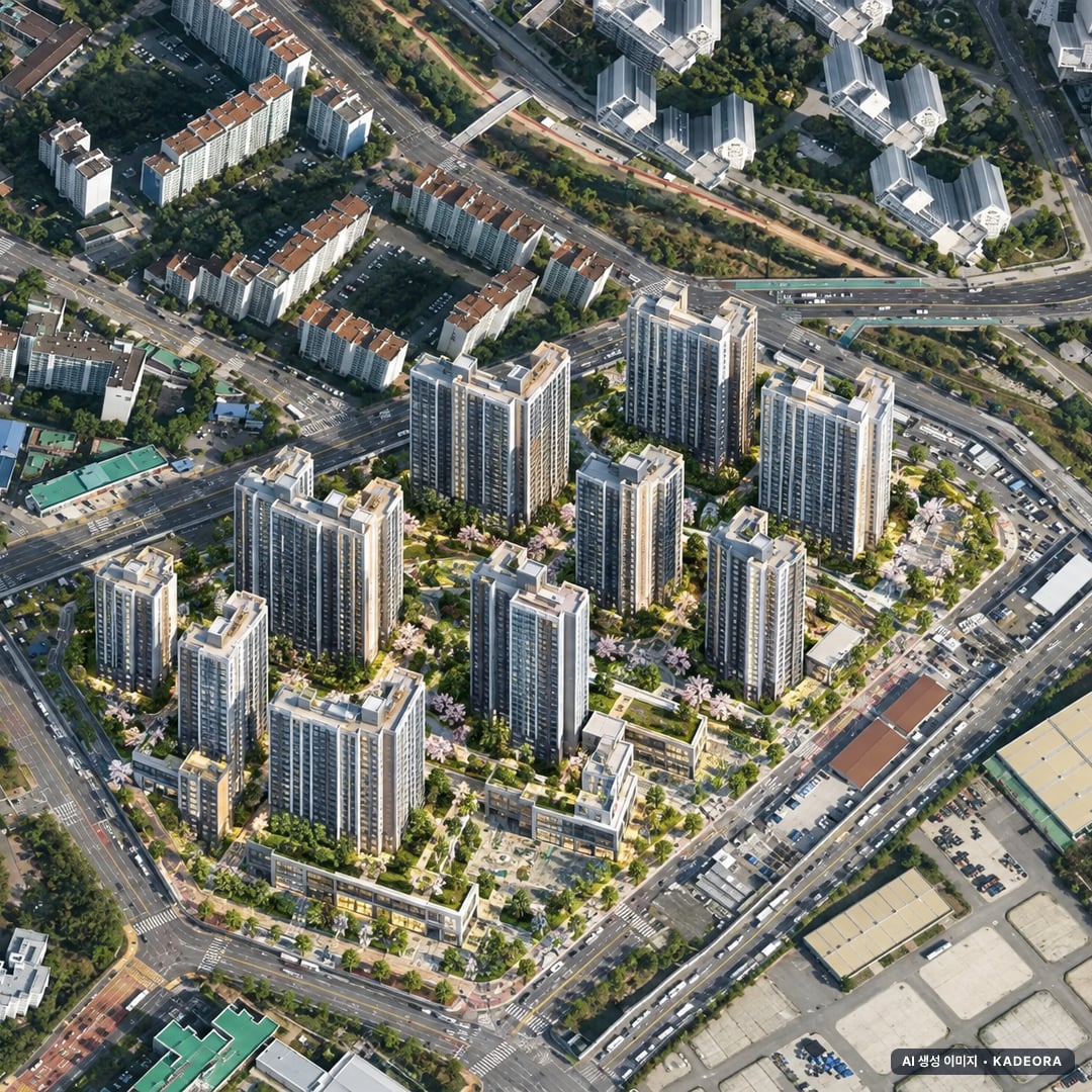 의왕시 내손라구역 조감도 AI 상상도(주간 항공) — 경기 의왕시 착공 1,420세대