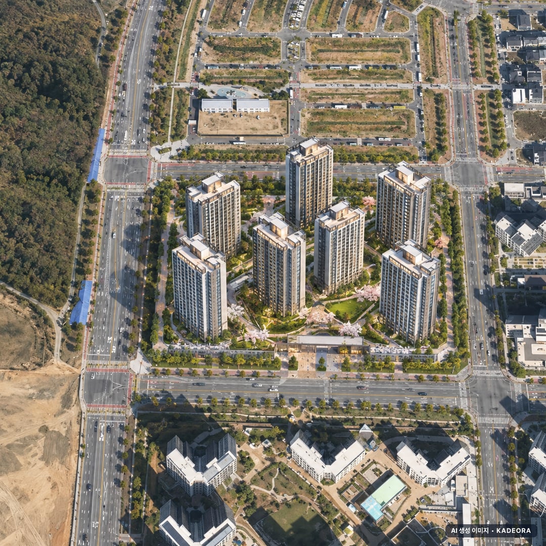 고덕 자연앤 하우스디(A4BL)(국민) 단지 전경 AI 상상도(주간 항공) — 경기 평택시 착공 328세대