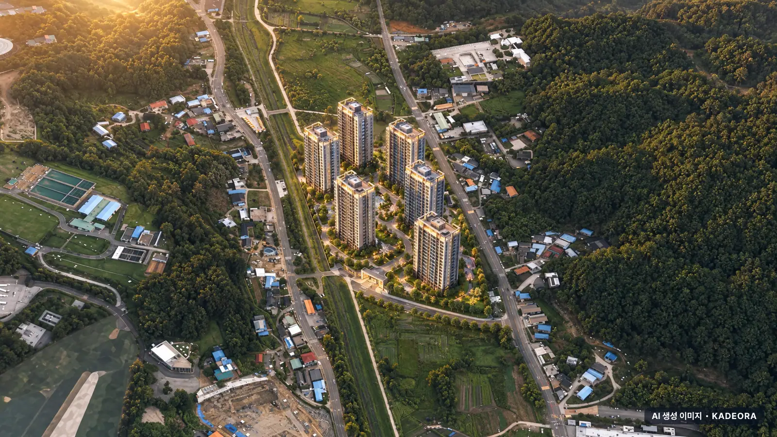 진주 판문지구 레이크써밋 웰가 단지 전경 AI 상상도(저녁) — 진주시 아파트 분양