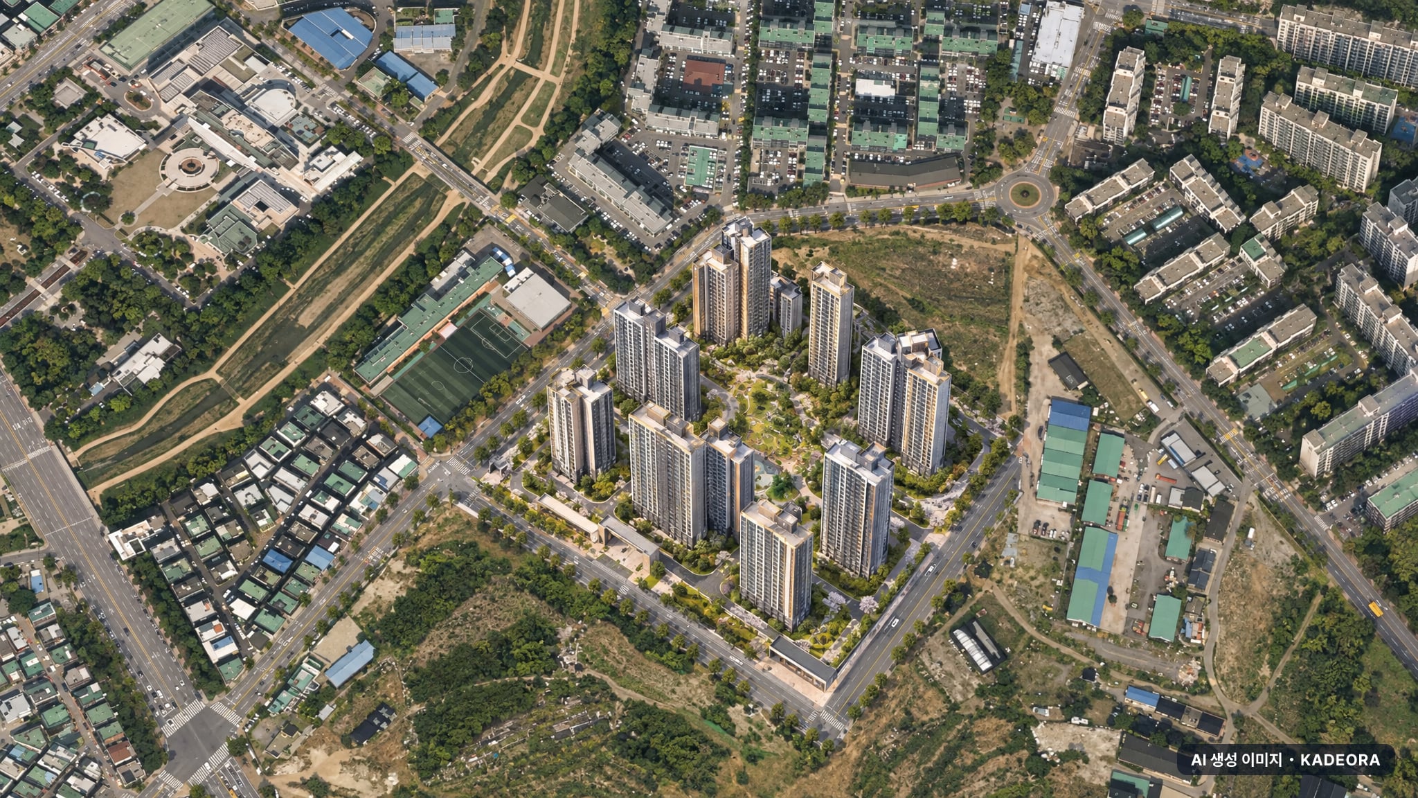 교산 푸르지오 더 퍼스트(본청약) 주간 항공 상상도 · AI 생성 이미지로 실제와 다를 수 있음 교산 푸르지오 더 퍼스트(본청약) 단지 전경 AI 상상도(주간 항공) — 경기 하남시 착공 1,115세대