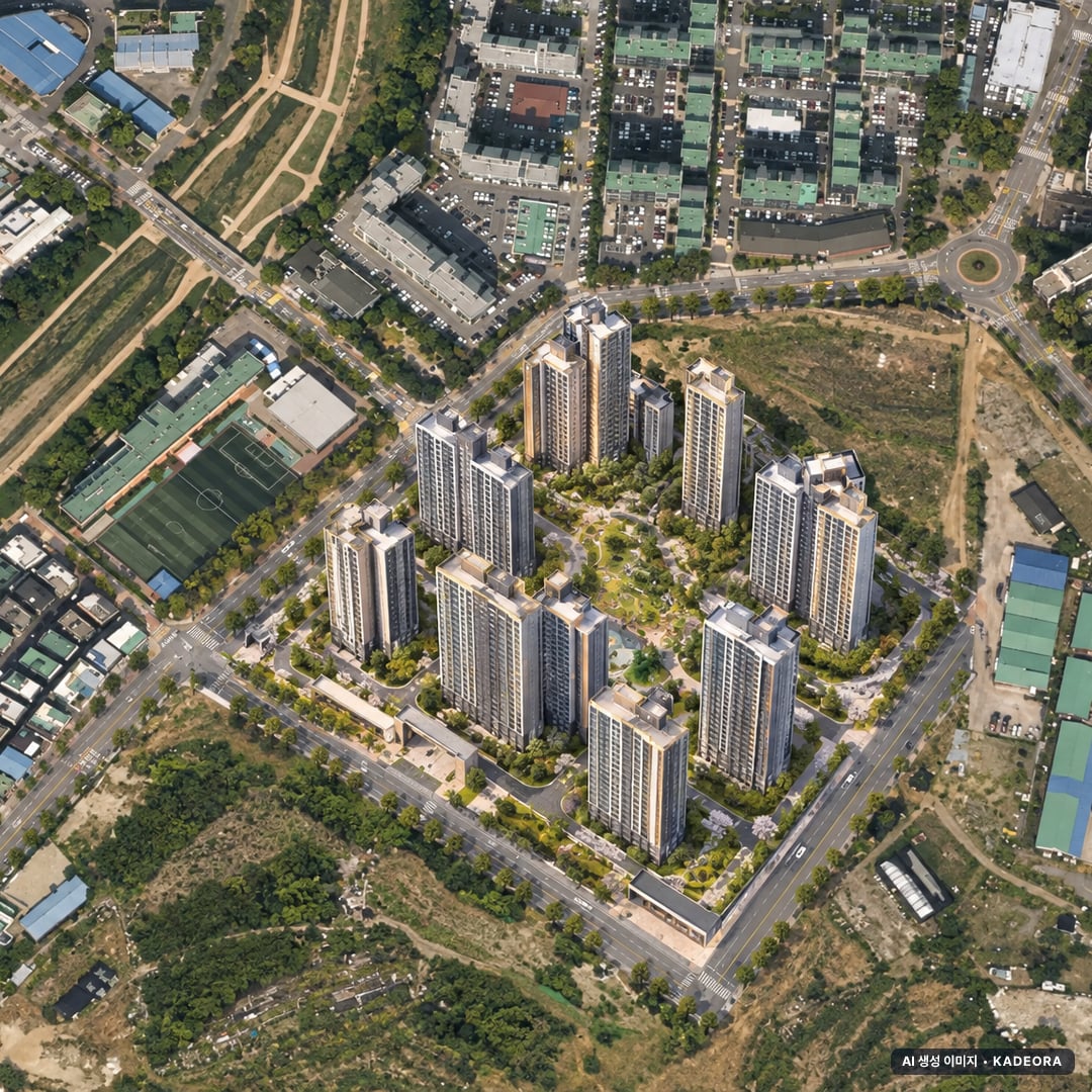 교산 푸르지오 더 퍼스트(본청약) 단지 전경 AI 상상도(주간 항공) — 경기 하남시 착공 1,115세대