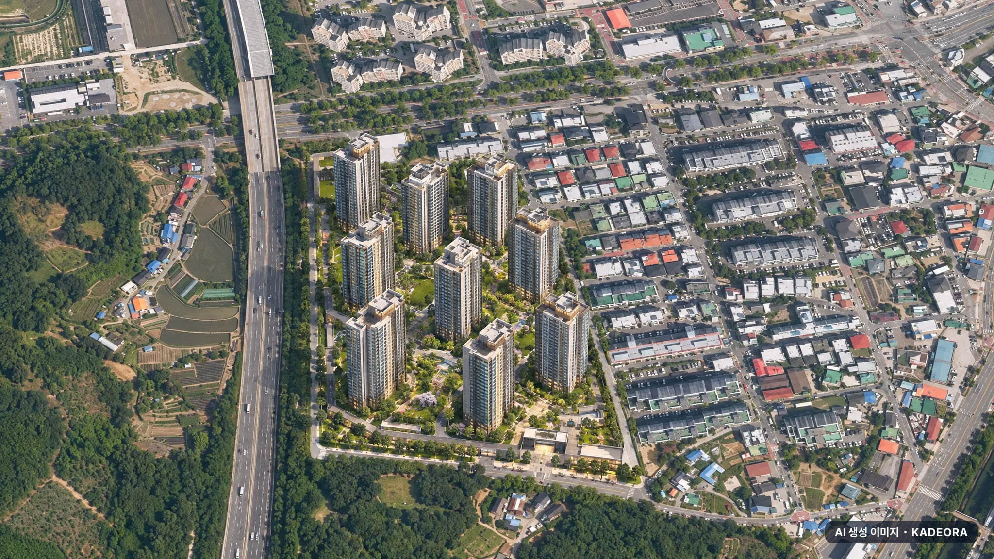 청주 롯데캐슬 시그니처 주간 항공 상상도 · AI 생성 이미지로 실제와 다를 수 있음 청주 롯데캐슬 시그니처 단지 전경 AI 상상도(주간 항공) — 충북 청주시 착공 962세대