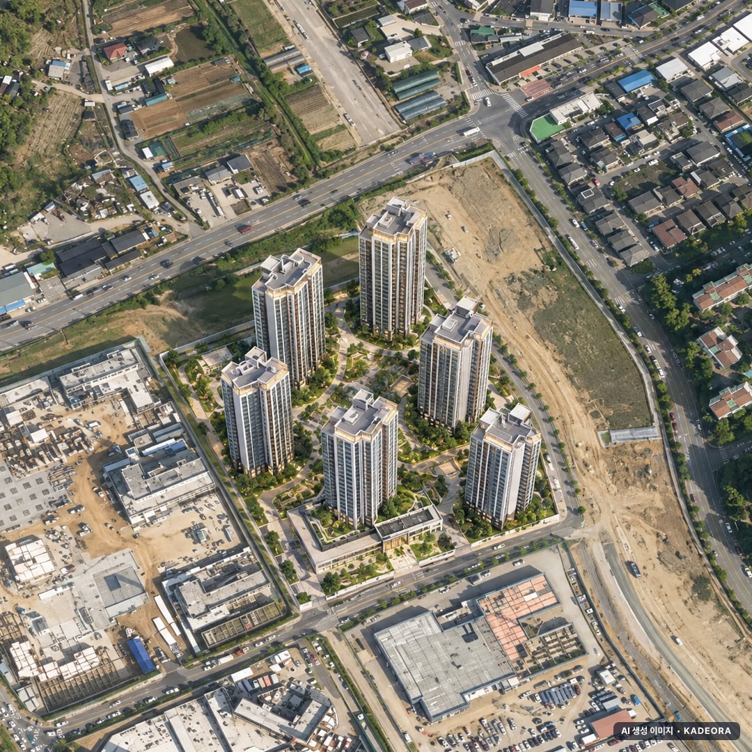검단아테라자이 6개동·최고 25층·총 709세대 기준 AI 상상도 — 실제와 다를 수 있음 검단아테라자이 6개동·최고 25층·총 709세대 기준 AI 상상도(주간 항공) — 실제와 다를 수 있음