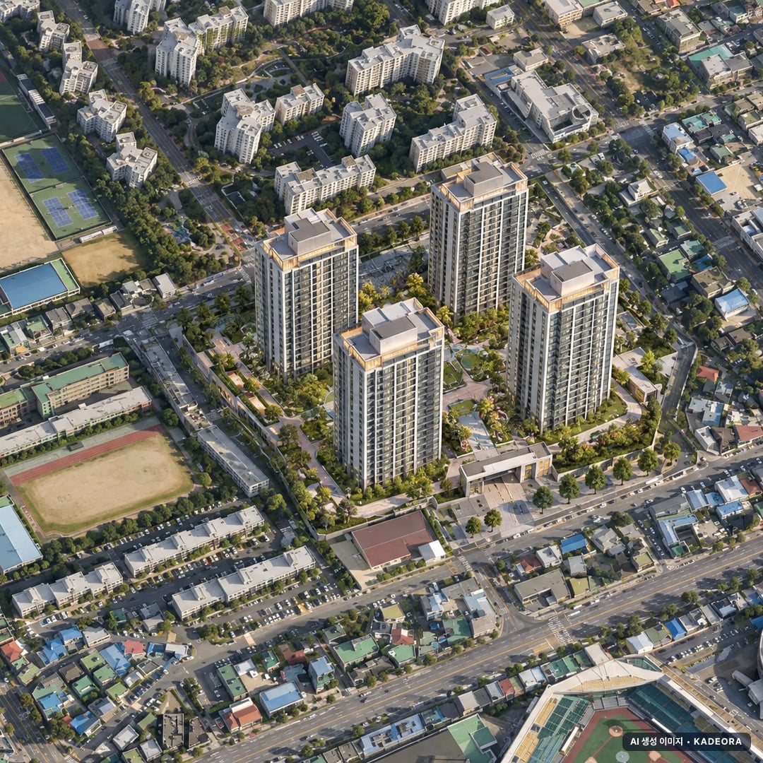 대전 르에브 스위첸 1단지 단지 전경 AI 상상도(주간 항공) — 대전 중구 착공 319세대