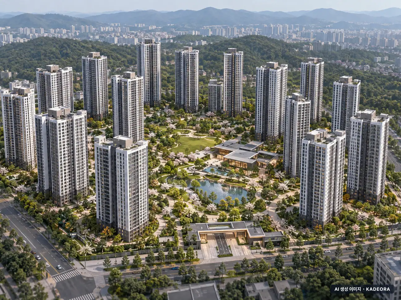 청주테크노폴리스 아테라(A8블록) 17개동·최고 35층·총 1,450세대 기준 AI 상상도(주간 항공) — 실제와 다를 수 있음