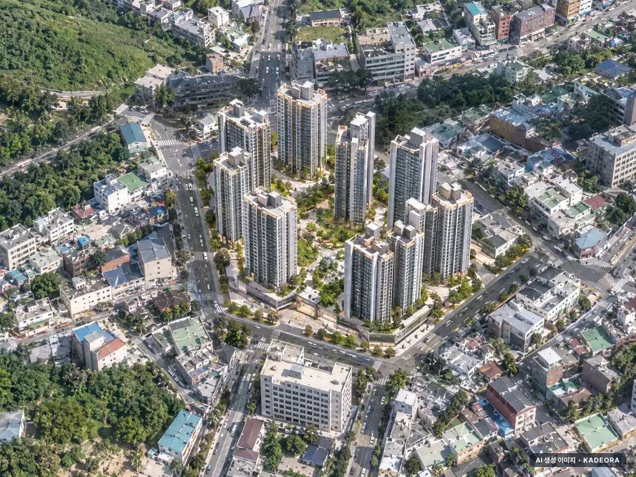 파주시 금촌2동제2지구 총 1,002세대 기준 AI 상상도 — 실제와 다를 수 있음 파주시 금촌2동제2지구 총 1,002세대 기준 AI 상상도(주간 항공) — 실제와 다를 수 있음