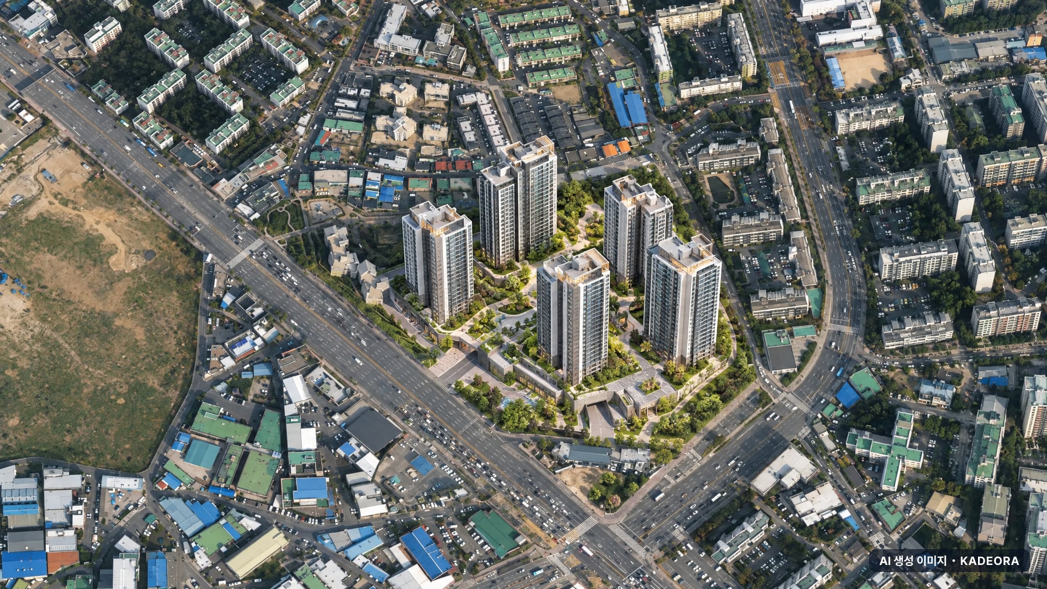 의왕시 오전나구역 조감도 AI 상상도(주간 항공) — 경기 의왕시 착공 696세대