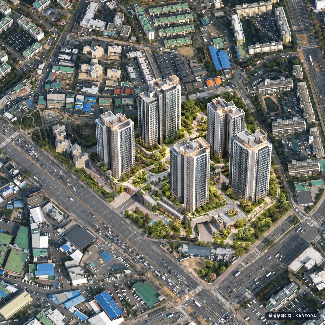의왕시 오전나구역 조감도 AI 상상도(주간 항공) — 경기 의왕시 착공 696세대